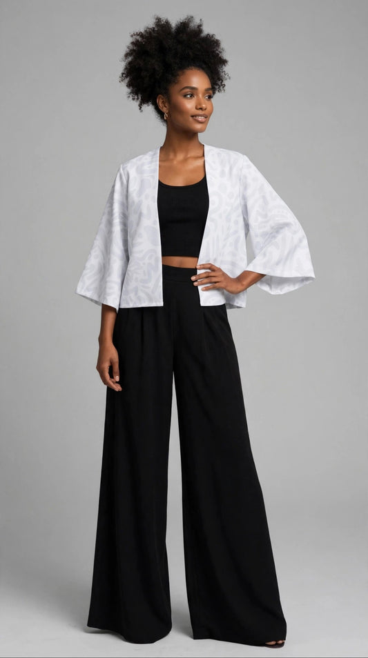 Kimono Crop Top Trazos Flor Blanco