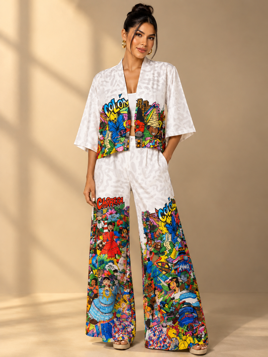 Pantalón Palazo provincias de Panamá trazos Flor Espíritu Santo resorte