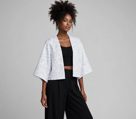 Kimono Crop Top Trazos Flor Blanco