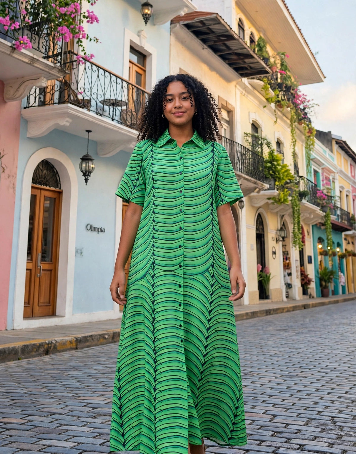Vestido Camisero Largo Platano Verde