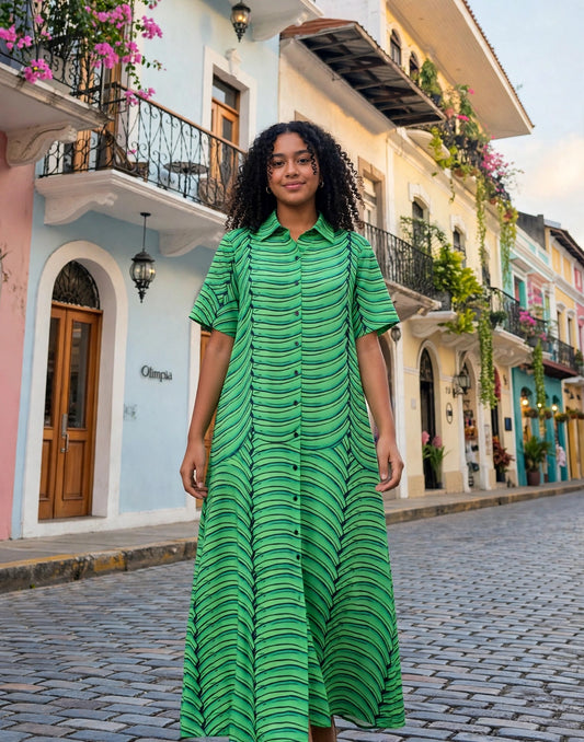 Vestido Camisero Largo Platano Verde