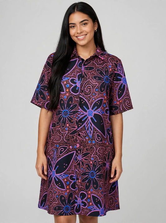 Vestido Camisero Corto Flores Ultravioleta