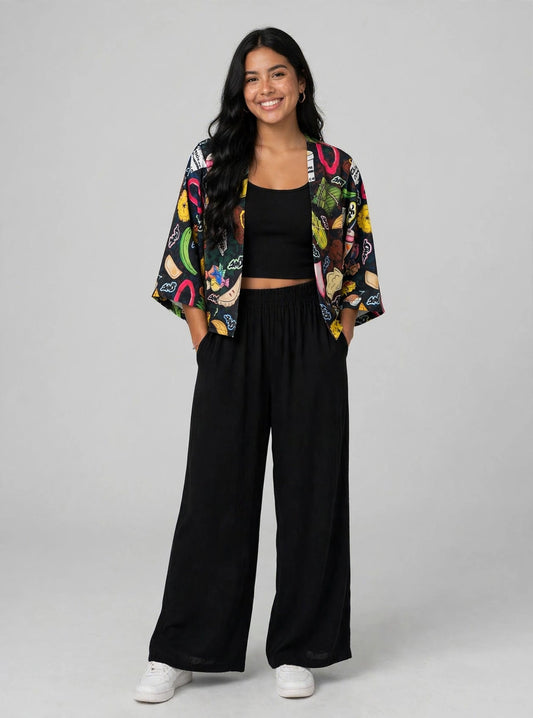 Kimono Crop Top Guacho de Comida Negro